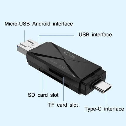 Universal OTG Card Reader for Smartphones and Computers - compact 3-in-1 card reader with SD/TF slots, USB, Micro-USB and Type-C interfaces for quick file transfer