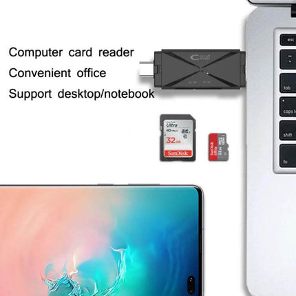 Universal OTG Card Reader for Smartphones and Computers showing card reader connected to laptop with SD and TF cards next to a smartphone