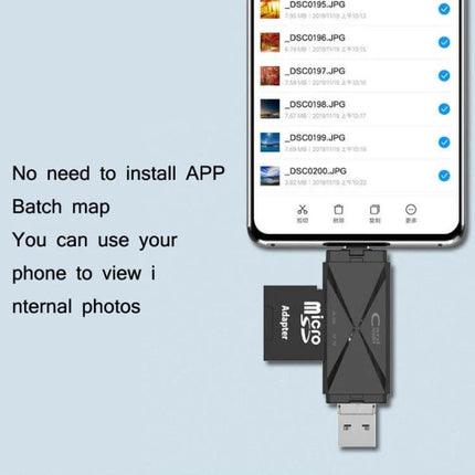 Universal OTG Card Reader for Smartphones and Computers showing phone connected to microSD adapter for quick photo transfer without app