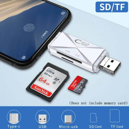 Universal OTG Card Reader for Smartphones and Computers connecting phone, tablet and laptop to SD and TF cards for fast photo transfer