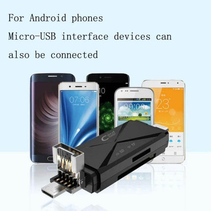 Universal OTG Card Reader for Smartphones and Computers showing micro-USB connector and SD/TF slots with Android phones in background