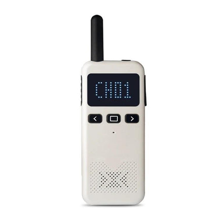 KSUN Outdoor Mini Walkie Talkie for Reliable Communication - white compact walkie displaying CH01, antenna, buttons and speaker for outdoor use