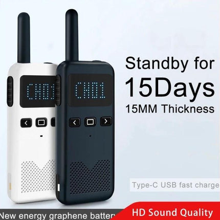 KSUN Outdoor Mini Walkie Talkie for Reliable Communication - compact black and white units showing display, antenna, and 15-day standby for outdoor use