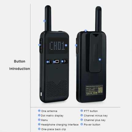 KSUN Outdoor Mini Walkie Talkie for Reliable Communication compact black twin view showing antenna, dot-matrix display, buttons and clip