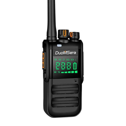 DuoMSera Handheld Waterproof Walkie-Talkie for Outdoor Communication showing black handheld radio with antenna and green LCD display