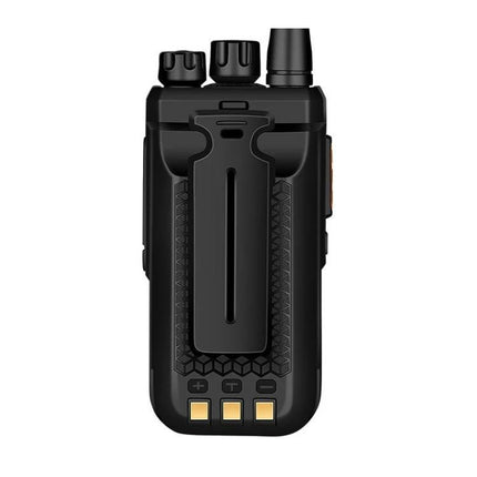 DuoMSera Handheld Waterproof Walkie-Talkie for Outdoor Communication black rear view with belt clip and antenna
