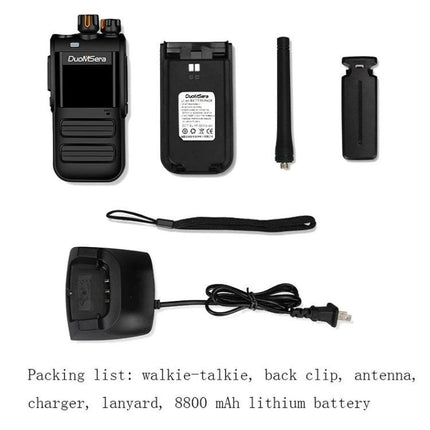 DuoMSera Handheld Waterproof Walkie-Talkie for Outdoor Communication compact kit with battery, antenna, charger, back clip and lanyard