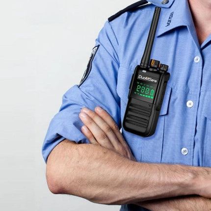 DuoMSera Handheld Waterproof Walkie-Talkie for Outdoor Communication clipped to uniformed officer chest showing display and antenna