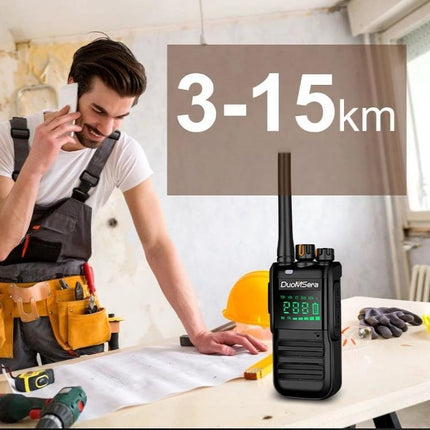 DuoMSera Handheld Waterproof Walkie-Talkie for Outdoor Communication showing range 3-15 km on construction site with worker