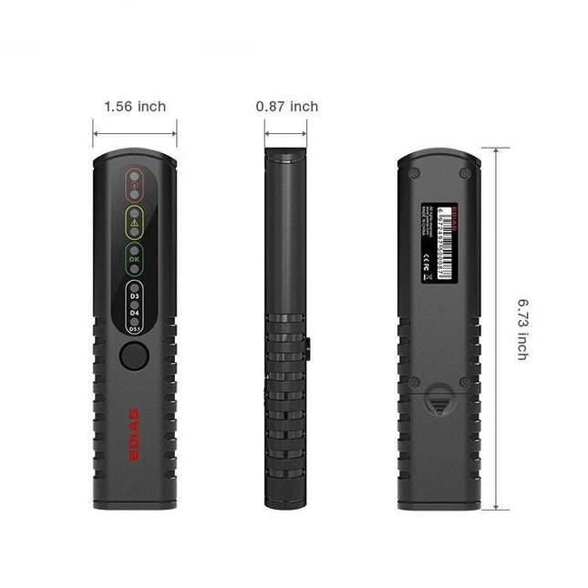 EDIAG Tool for Checking Brake Fluid in Daily Vehicle Inspections compact handheld tester showing front side, profile and back with dimensions