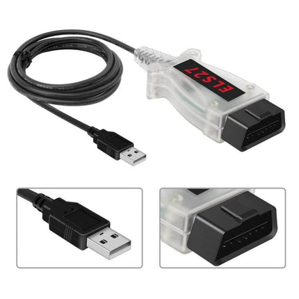 Car Fault Detection Line for Ford Focus C-Max and Mazda Models USB-to-OBD2 diagnostic cable, clear plastic housing and metal connectors