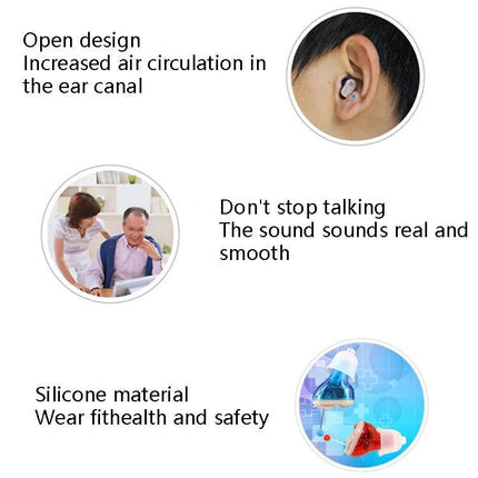 Hearing Aid for Everyday Sound Amplification, Blue or Red Option lightweight silicone open design shown in ear and lifestyle use