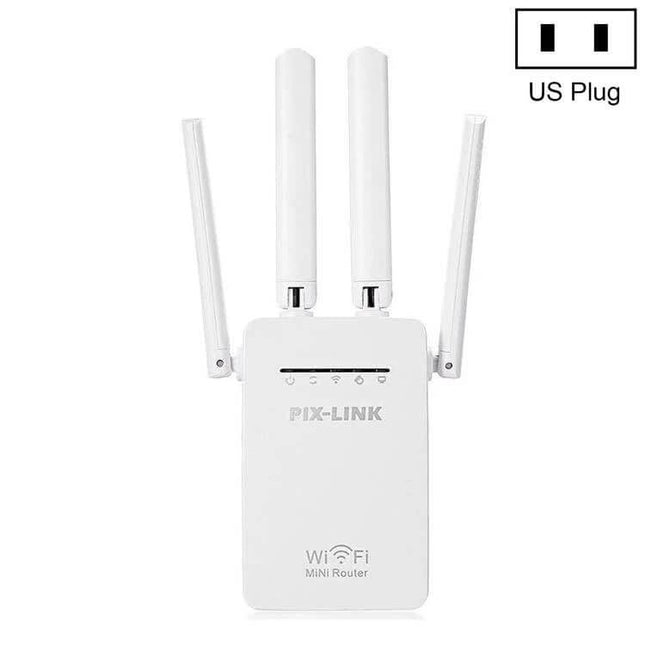 PIX-LINK Mini WiFi Range Extender for Home Networks - compact white plug-in unit with four external antennas for eliminating home WiFi dead zones