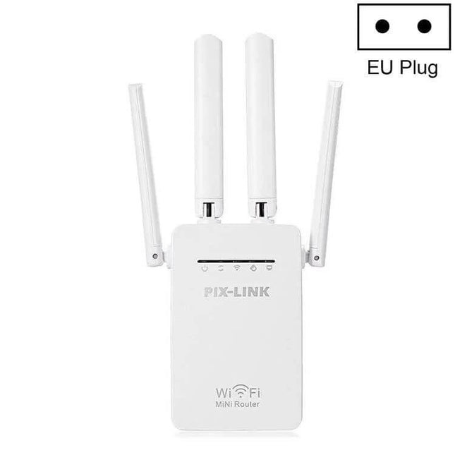PIX-LINK Mini WiFi Range Extender for Home Networks white compact wall-plug extender with four antennas, EU plug