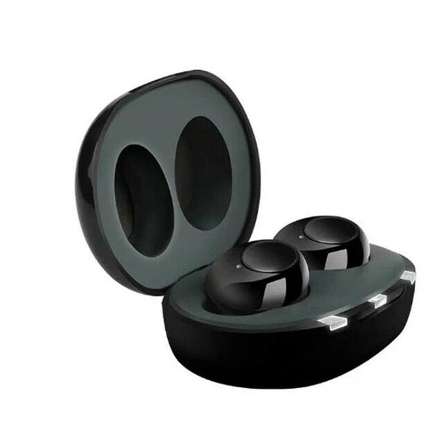 Alt Tag: Hearing Aid for Seniors with Portable Design in Black compact ABS earbuds in charging case, lightweight 27.4g for all-day comfort