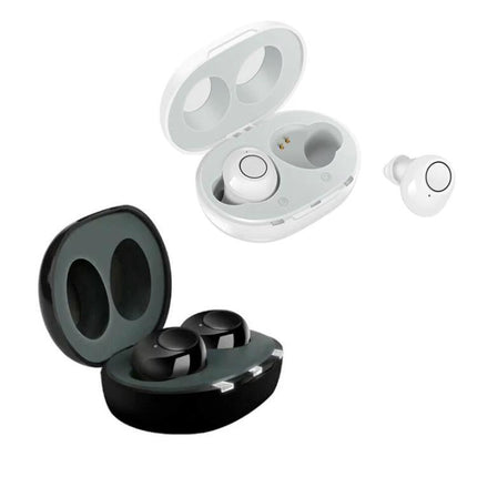 Hearing Aid for Seniors with Portable Design in Black showing lightweight ABS earbuds with charging case