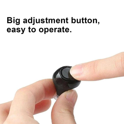 Hearing Aid for Seniors with Portable Design in Black showing finger pressing large adjustment button