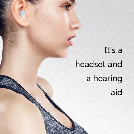 Hearing Aid for Seniors with Portable Design in Black shown worn in ear, lightweight ABS black device for clear conversation and TV listening