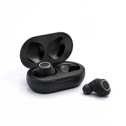Rechargeable Binaural Hearing Aid for Everyday Conversations compact black rechargeable earbuds with charging case, discreet lightweight ABS design