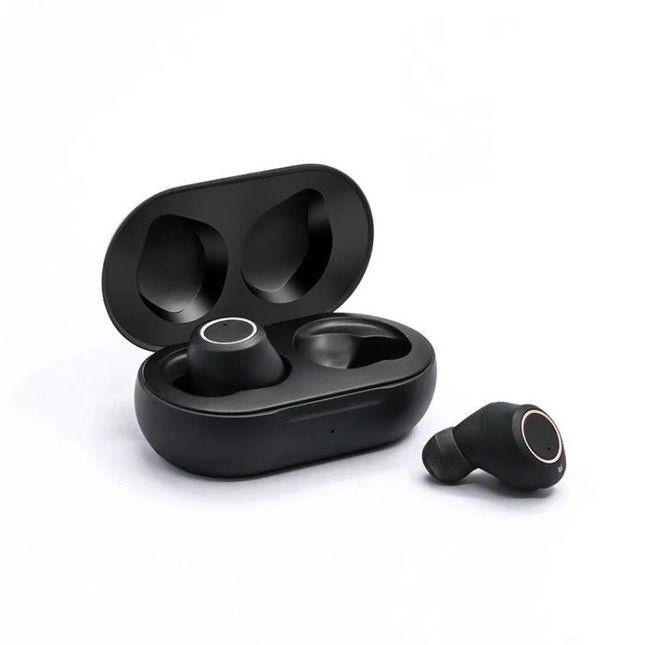 Rechargeable Binaural Hearing Aid for Everyday Conversations compact black rechargeable earbuds with charging case, discreet lightweight ABS design