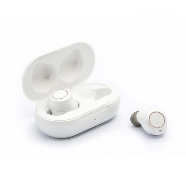 Rechargeable Binaural Hearing Aid for Everyday Conversations — compact white rechargeable earbuds in charging case for clearer daily conversations