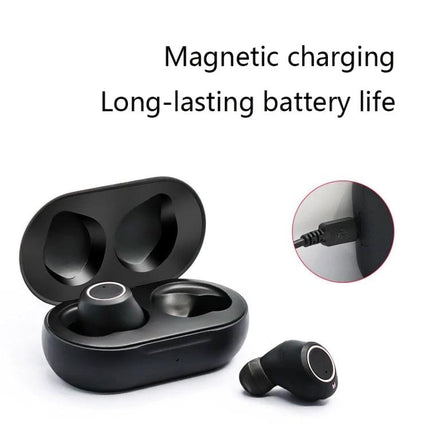 Rechargeable Binaural Hearing Aid for Everyday Conversations compact black rechargeable earbuds with magnetic charging case and long-lasting battery life