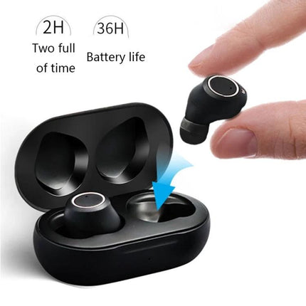 Rechargeable Binaural Hearing Aid for Everyday Conversations compact black earbuds in charging case, one held between fingers, 36H battery life
