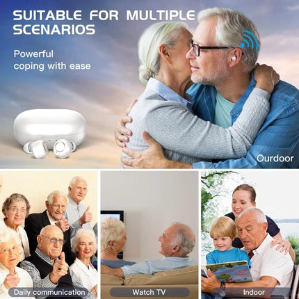 Rechargeable Binaural Hearing Aid for Everyday Conversations helping older couple enjoy family moments with discreet rechargeable earbuds and compact white charging case