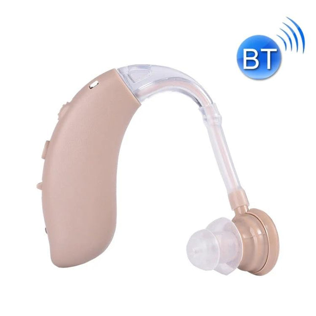 Compact Bluetooth Hearing Aid for Seniors' Daily Sound Support shown in beige close-to-ear design with Bluetooth symbol