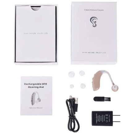 Compact Bluetooth Hearing Aid for Seniors' Daily Sound Support compact BTE device with ear tips, charger and manual