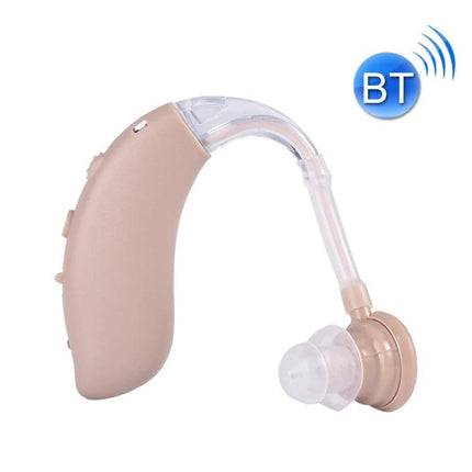 Compact Bluetooth Hearing Aid for Seniors' Daily Sound Support - compact beige behind-the-ear Bluetooth hearing aid with close-to-ear silicone tip