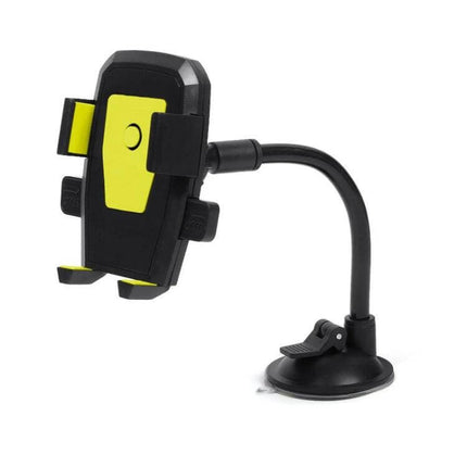 Car Windshield Phone Holder With Automatic Lock Black mounted on suction cup arm holding a smartphone, ABS body with anti-slip pad and adjustable grip