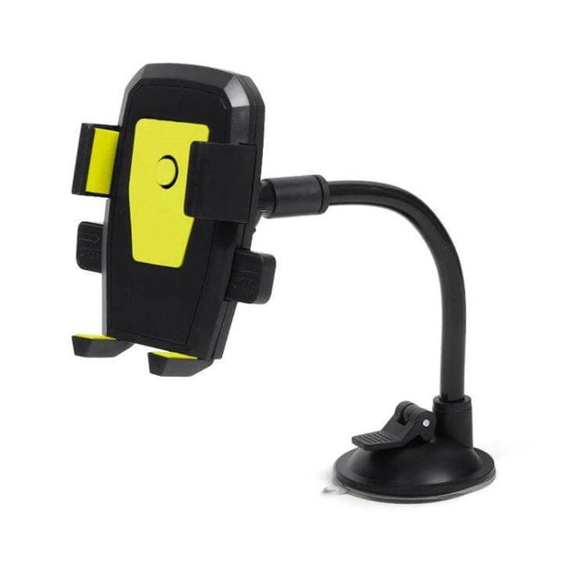 Car Windshield Phone Holder With Automatic Lock Black mounted on suction cup arm holding a smartphone, ABS body with anti-slip pad and adjustable grip