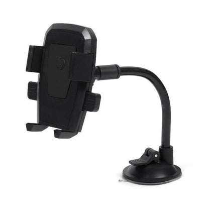 Car Windshield Phone Holder With Automatic Lock Black mounted on suction cup arm showing adjustable clamp and anti-slip pad