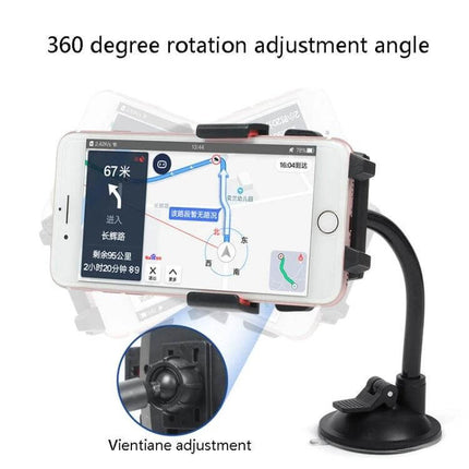 Car Windshield Phone Holder With Automatic Lock Black showing phone mounted on suction cup with 360-degree rotation and one-handed automatic lock