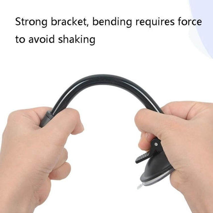 Car Windshield Phone Holder With Automatic Lock Black showing strong flexible bracket and suction cup being bent to demonstrate sturdy anti-shake design