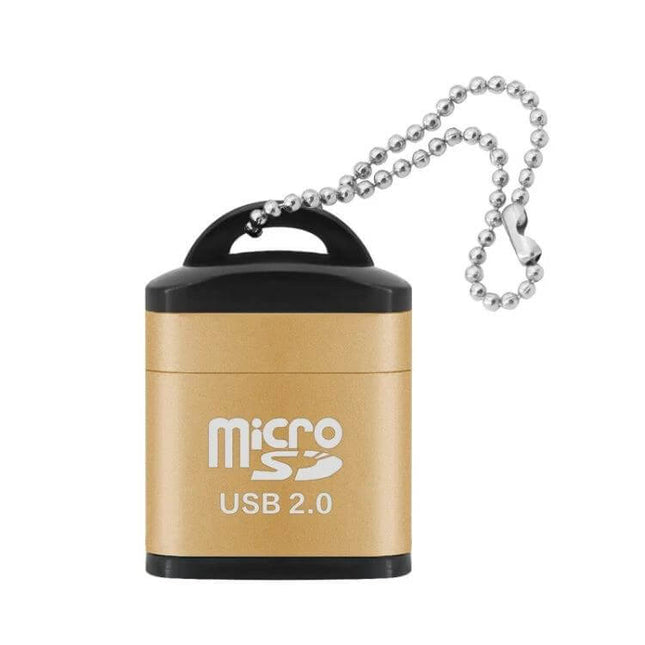 Compact Micro SD Card Reader for Computers, Phones, Cars, and Speakers small gold USB 2.0 microSD reader with keychain for photo and music transfer