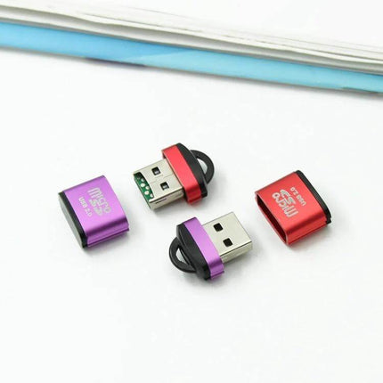 Compact Micro SD Card Reader for Computers, Phones, Cars, and Speakers - compact USB 2.0 microSD card reader in red and purple for photos, music, data transfer