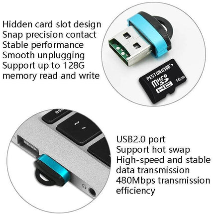 Compact Micro SD Card Reader for Computers, Phones, Cars, and Speakers - compact USB2.0 microSD adapter showing card and laptop port