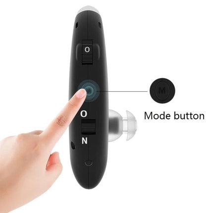 Seniors' Hearing Aid with Noise Reduction for Daily Conversations ergonomic black in-ear device with mode button being pressed