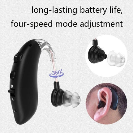 Seniors' Hearing Aid with Noise Reduction for Daily Conversations showing black ergonomic behind-ear device and eartip