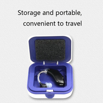 Seniors' Hearing Aid with Noise Reduction for Daily Conversations shown in a compact travel case, ergonomic design and clear sound