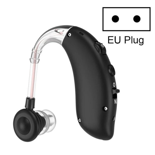 Seniors' Hearing Aid with Noise Reduction for Daily Conversations black behind-the-ear device showing ergonomic design and EU plug icon