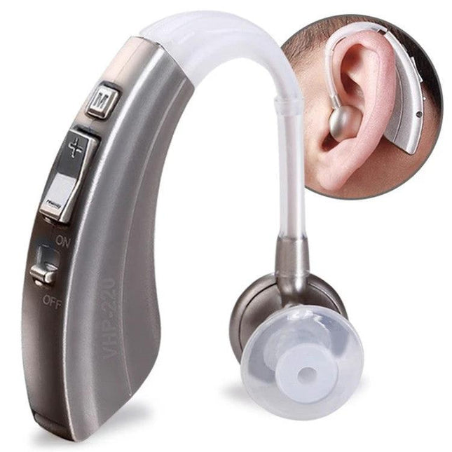Elderly-Friendly Wireless Invisible Hearing Aid Amplifier shown behind ear with discreet tubing and volume controls