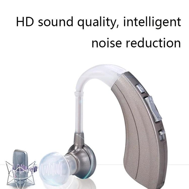 Elderly-Friendly Wireless Invisible Hearing Aid Amplifier shown with behind-the-ear design, discreet clear tube and noise-reduction features