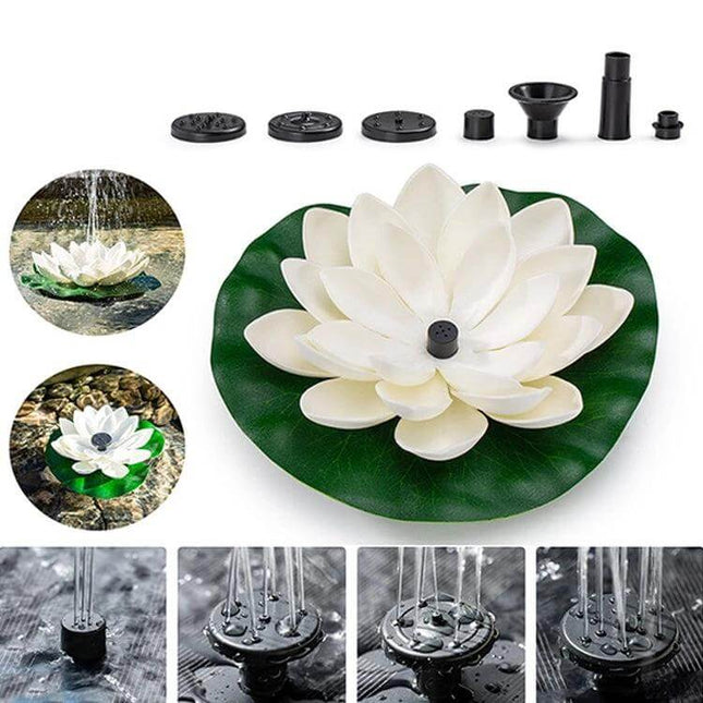 Floating Solar Fountain Lotus Leaf Garden Water Feature for Ponds - white lotus solar pond fountain with 7 nozzles, submersible pump, 30–60cm spray height