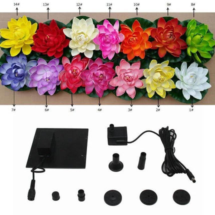 Floating Solar Fountain Lotus Leaf Garden Water Feature for Ponds - colorful floating lotus heads with solar panel pump and 7 nozzle adapters
