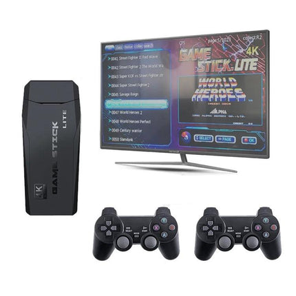 M8 Wireless Arcade Game Console for TV with Two Gamepads showing console stick, two wireless gamepads and TV screen with game menu