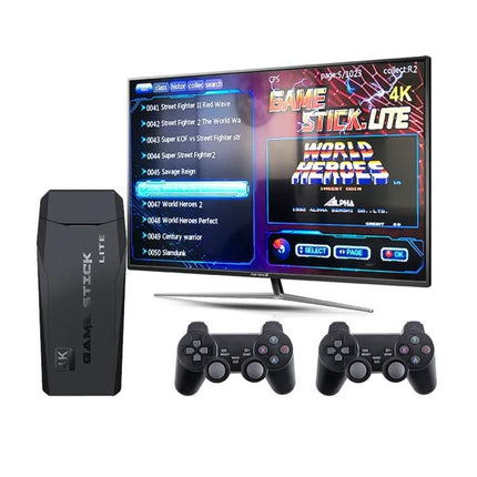 M8 Wireless Arcade Game Console for TV with Two Gamepads shown with TV screen, two wireless controllers and compact game console device