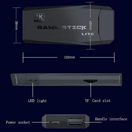 M8 Wireless Arcade Game Console for TV with Two Gamepads compact game stick showing dimensions, TF card slot, LED light and ports